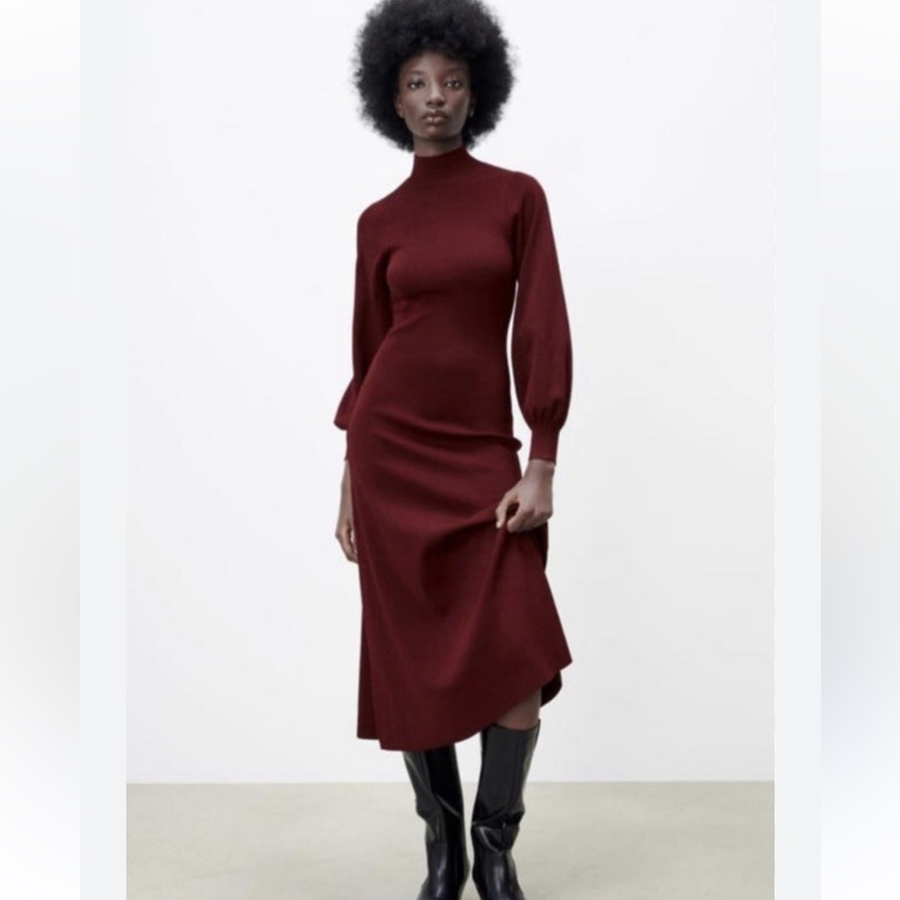 Zara mock neck bell sleeve cut out back maroon midi dress size Small